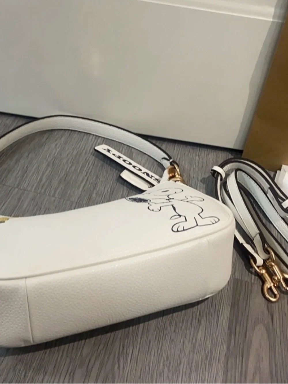 Coach White Leather Snoopy & Woodstock Shoulder Bag with Gold Hardware